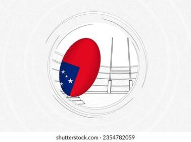 Samoa flag on rugby ball, lined circle rugby icon with ball in a crowded stadium. Vector sport emblem on abstract background.