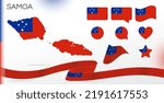 Samoa flags set. Various designs. Map and capital city. World flags. Vector set. Circle icon. Template for independence day. Collection of national symbols. Ribbon flag. Oceania countries