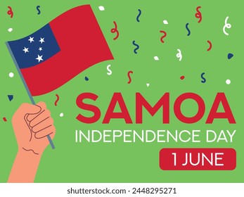 Día de la independencia de Samoa, 1 de junio. Bandera de Samoa en mano. Tarjeta de felicitación, póster, Plantilla de Anuncio