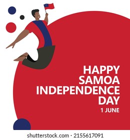 Ilustración vectorial del Día de la Independencia de Samoa con un hombre saltando y sosteniendo la bandera nacional. Celebración anual del feriado público en el país de Oceanía el 1º de junio