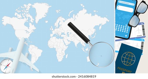 Samoa is magnified over a World Map, illustration with airplane, passport, boarding pass, compass and eyeglasses. Vector illustration.