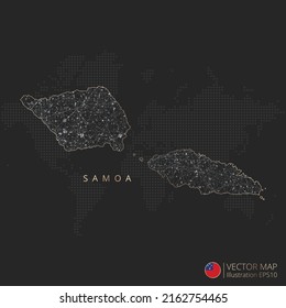 Samoa map abstract geometric mesh polygonal light concept with black and white glowing contour lines countries and dots on dark background. Vector illustration.