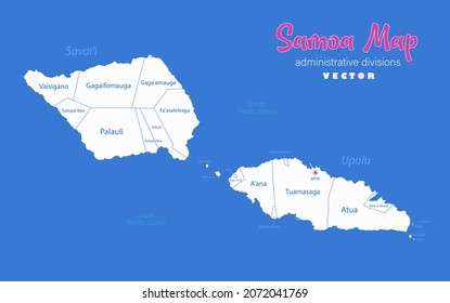 Samoa map, administrative divisions whit names regions, blue background vector