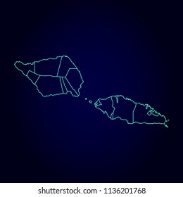 Samoa map: blue glitter outline with sparkling stars on dark background. Detailed map of Samoa. Vector illustration.