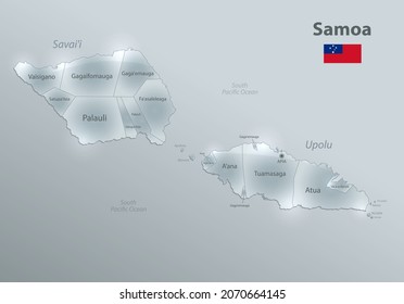 Mapa y bandera de Samoa, división administrativa, separación regiones y nombres, diseño tarjeta de vidrio vector 3D
