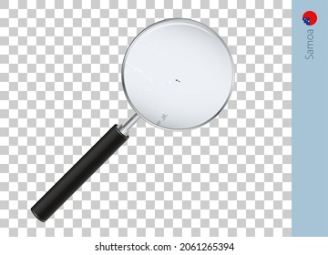 Samoa map with flag in magnifying glass on transparent background. Vector loupe with map.