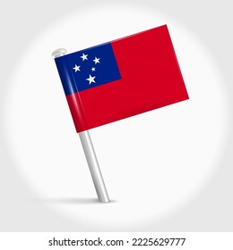 Samoa map pin flag icon. Samoan pennant map marker on a metal needle. 3D realistic vector illustration.