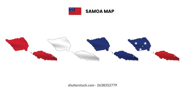 Samoa map in various style frames, icons, black color, borders, flag colors. Vector illustration