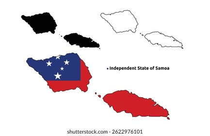 Mapa de Samoa Vetor - Contorno do País, Bandeira Dentro do Mapa, Branco e Versão Silhueta