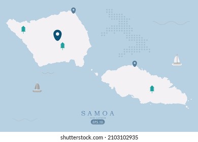 Samoa Map - World Map International vector template High detailed with white color isolated on blue background including simple point of location, tree, boat icon - Vector illustration eps 10