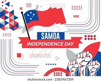 SAMOA national day banner with map, flag colors theme background and geometric abstract retro modern colorfull design with raised hands or fists.