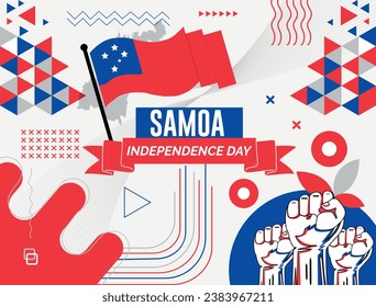 SAMOA national day banner with map, flag colors theme background and geometric abstract retro modern colorfull design with raised hands or fists.