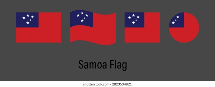 Samoa National Flag Set Collection with Rectangle, Waving, Square and Circle Shapes Isolated on Black Background Vector Illustration