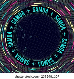 Samoa on globe. Satellite view of the world centered on Samoa. Bright neon style. Futuristic radial bricks background. Cool vector illustration.