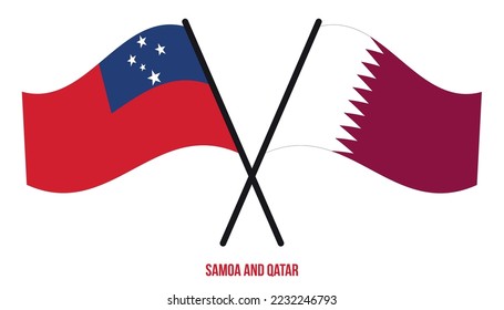 Samoa und Katar Flaggen überquert und schwingen flatter Stil. Offizieller Anteil. Korrigieren Sie Farben.