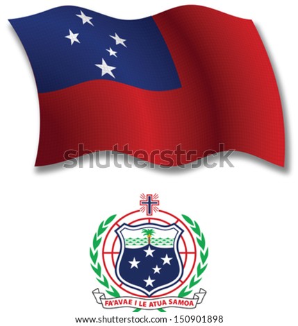 samoa shadowed textured wavy flag and coat of arms against white background, vector art illustration, image contains transparency transparency