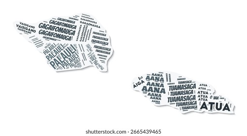 Nuvem de texto de forma de Samoa. Borda do país com sombra no plano de fundo branco. Samoa com divisão de regiões em estilo gazeta vintage. Incrível ilustração vetorial.
