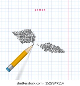 Samoa sketch scribble vector map drawn on checkered school notebook paper background