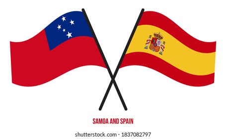 Samoa and Spain Flags Crossed And Waving Flat Style. Official Proportion. Correct Colors.