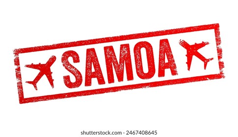 Samoa is a unitary parliamentary democracy with 11 administrative divisions, it is a sovereign state and a member of the Commonwealth of Nations, text emblem stamp with airplane