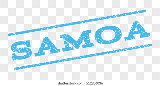 Samoa watermark stamp. Text tag between parallel lines with grunge design style. Rubber seal stamp with dirty texture. Vector light blue color ink imprint on a chess transparent background.