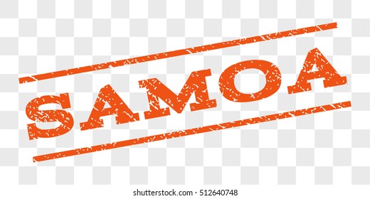 Samoa watermark stamp. Text tag between parallel lines with grunge design style. Rubber seal stamp with scratched texture. Vector orange color ink imprint on a chess transparent background.