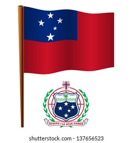 samoa wavy flag and coat of arm against white background, vector art illustration, image contains transparency