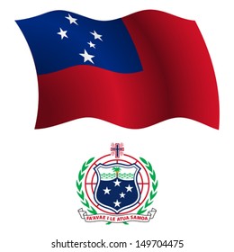 samoa wavy flag and coat of arm against white background, vector art illustration, image contains transparency