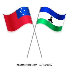 Samoan and Basotho crossed flags. Samoa combined with Lesotho isolated on white. Language learning, international business or travel concept.