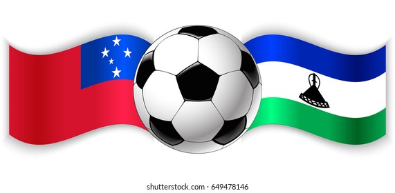 Samoan and Basotho wavy flags with football ball. Samoa combined with Lesotho isolated on white. Football match or international sport competition concept.