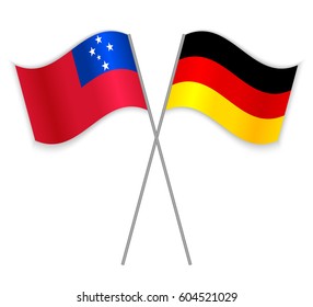 Samoan and German crossed flags. Samoa combined with Germany isolated on white. Language learning, international business or travel concept.