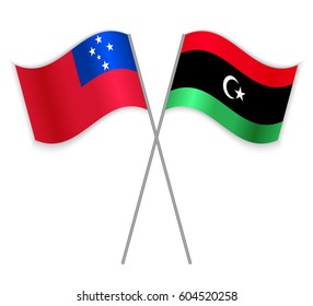 Samoan and Libyan crossed flags. Samoa combined with Libya isolated on white. Language learning, international business or travel concept.