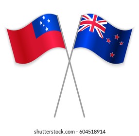 Samoan and NZ crossed flags. Samoa combined with New Zealand isolated on white. Language learning, international business or travel concept.