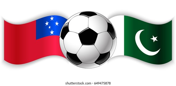 Samoan and Pakistani wavy flags with football ball. Samoa combined with Pakistan isolated on white. Football match or international sport competition concept.