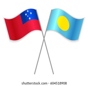 Samoan and Palauan crossed flags. Samoa combined with Palau isolated on white. Language learning, international business or travel concept.