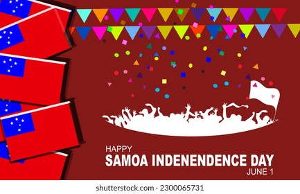Samoan people celebrating Samoa independence celebration with decorative flag and background decoration of Samoan flag and poppers party paper with bold text celebrate Samoa Independence Day on June 1