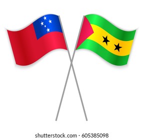 Samoan and Sao Tomean crossed flags. Samoa combined with Sao Tome and Principe isolated on white. Language learning, international business or travel concept.
