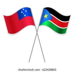 Samoan and South Sudanese crossed flags. Samoa combined with South Sudan isolated on white. Language learning, international business or travel concept.