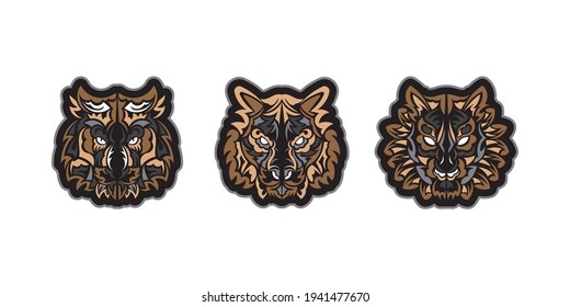 Samoan style tiger face set. Boho tiger face. Good for backgrounds, prints, apparel and textiles. Vector illustration.