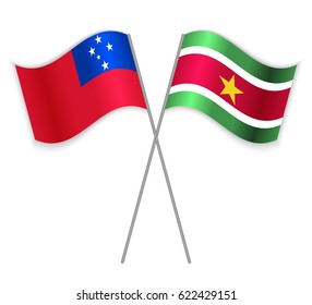 Samoan and Surinamese crossed flags. Samoa combined with Suriname isolated on white. Language learning, international business or travel concept.