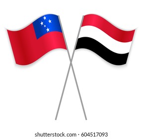Samoan and Yemeni crossed flags. Samoa combined with Yemen isolated on white. Language learning, international business or travel concept.