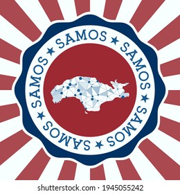 Samos Badge. Round logo of island with triangular mesh map and radial rays. EPS10 Vector.