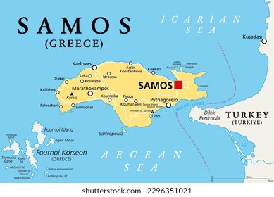 Samos, Greek island, political map. Island in the eastern Aegean Sea, and separated of the western Turkey coast by the Mycale Strait. Rich city-state in ancient times and the birthplace of Pythagoras.