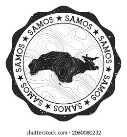 Samos outdoor stamp. Round sticker with map of island with topographic isolines. Vector illustration. Can be used as insignia, logotype, label, sticker or badge of Samos.