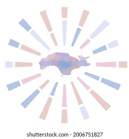 Samos sunburst. Low poly striped rays and map of the island. Beautiful vector illustration.