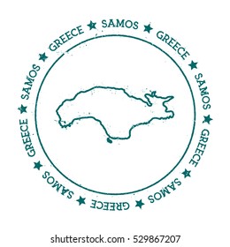 Samos vector map. Retro vintage insignia with island map. Distressed travel stamp with Samos text wrapped around a circle and stars. Samos map vector illustration.