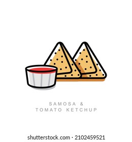 Samosa is a baked and fried indian snack with tomato ketchup simple outline vector