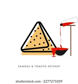 Samosa is a baked and fried indian snack with tomato ketchup simple outline vector eps 8.