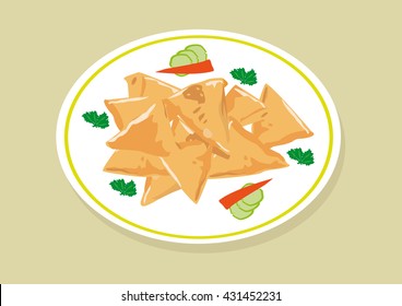 Samosa food is a popular fried dish in South East Asia, India, Mediterranean, Africa, Pakistan and Middle East or Arab World especially during Ramadan. Editable Clip Art.