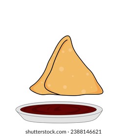 Samosa with green and red sauce Chatani Indian street food. Hand drawn . Samosa is vary famous food loved by most of the Indian